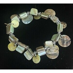 VTG Green Abalone Round Shell Bead & Silver Statement Stretch Bracelet Stackable